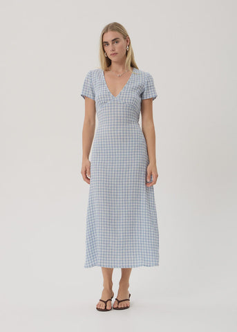AFENDS Maeve Base Hemp Seersucker Maxi Dress - Powder Blue Check