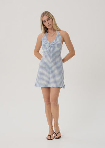AFENDS Montana Seersucker Halter Mini Dress - Powder Blue Check