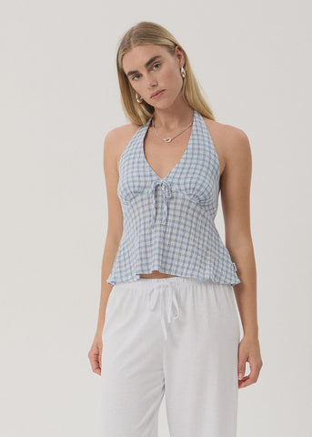 AFENDS Delfina Seersucker Halter Top - Powder Blue