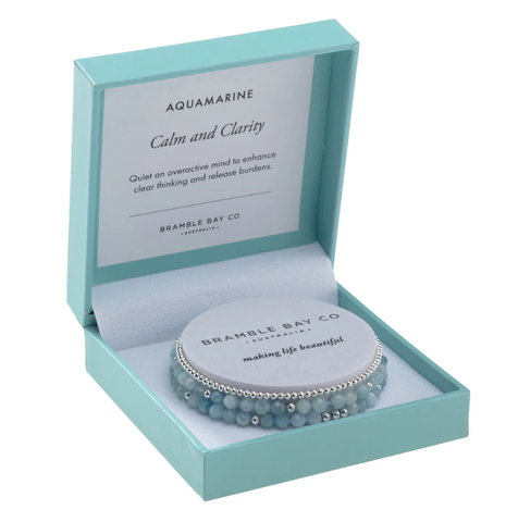 BRAMBLE BAY CO Trio Bracelet Set - Aquamarine (4mm) & Silver plated bead (3mm) Calm & Clarity