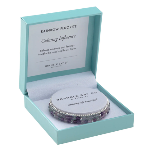 BRAMBLE BAY CO Trio Bracelet Set - Rainbow Fluorite (4mm) & Silver plated bead (3mm) Calming Influence