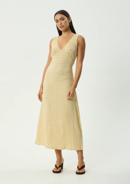 AFENDS Sunday Hemp Seersucker Maxi Dress - Lemon Check
