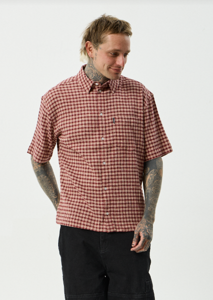 AFENDS Capricorn Seersucker Short Sleeve Shirt - Burgundy/Beige Check