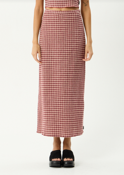 AFENDS Capricorn Seersucker Maxi Skirt - Burgundy/Beige Check