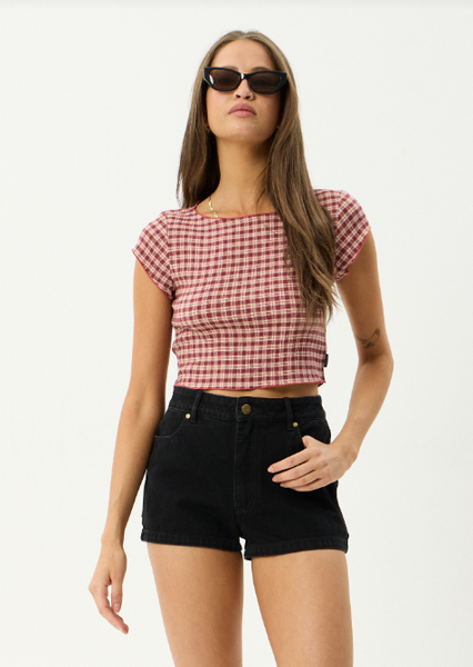 AFENDS Capricorn Seersucker Top - Burgundy/Beige Check