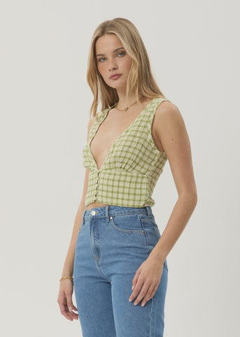 AFENDS Darcy Check Button Top - Lemongrass