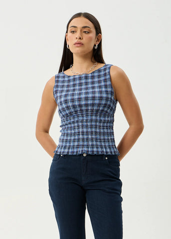 AFENDS Mountains - Seersucker Sleeveless Top - Navy Red Check
