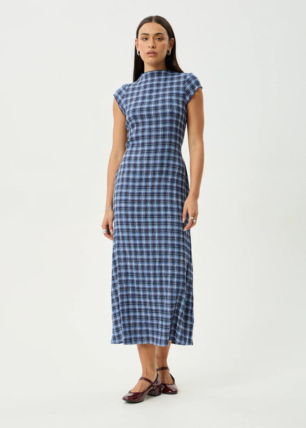 AFENDS Mountains Elodie - Seersucker Midi Dress - Navy Red Check