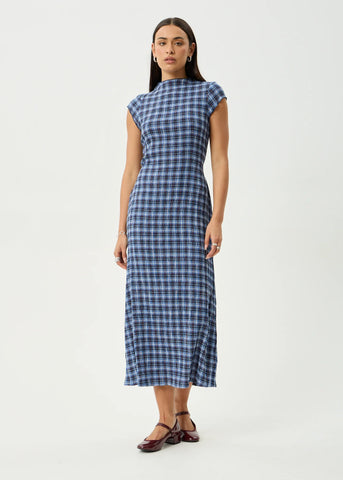 AFENDS Mountains Elodie - Seersucker Midi Dress - Navy Red Check