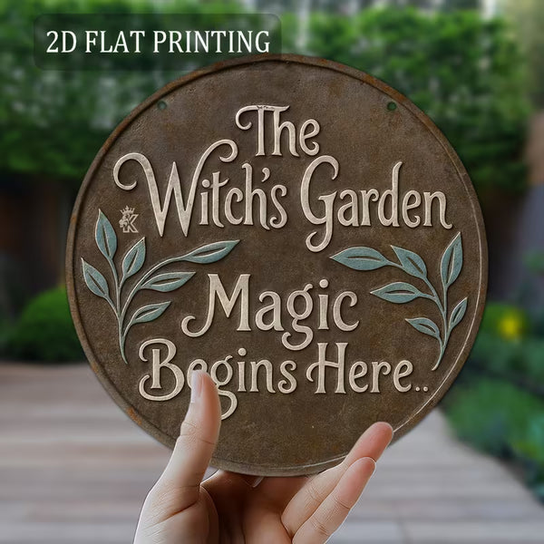 The Witch's Garden Magic Begins Here Round Metal Sign (20cm x 20cm)